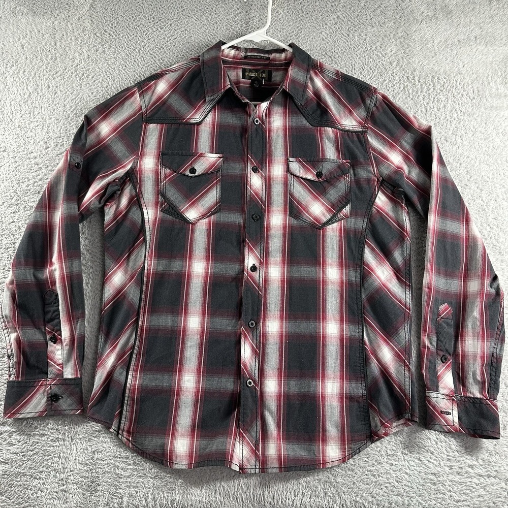 Helix Plaid Shirt Mens Large Red Athletic Fit Long Sleeve Button Up Y2K Rocker